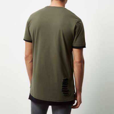 Khaki distressed longline T-shirt